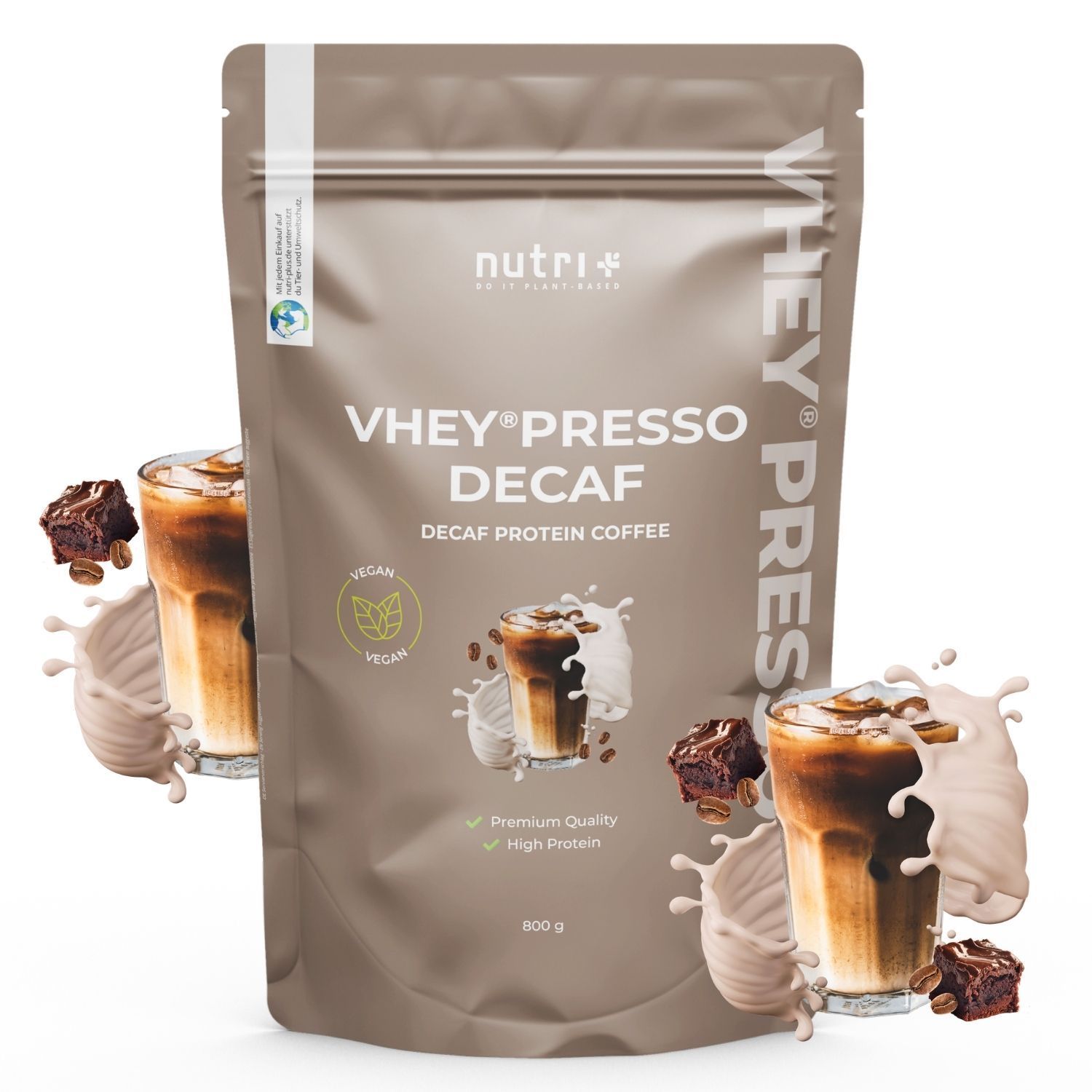 Emballage brun pour VHEY®PRESSO DECAF, poudre de café protéiné décaféiné. Contient 800g. Avec sceau végétalien.
