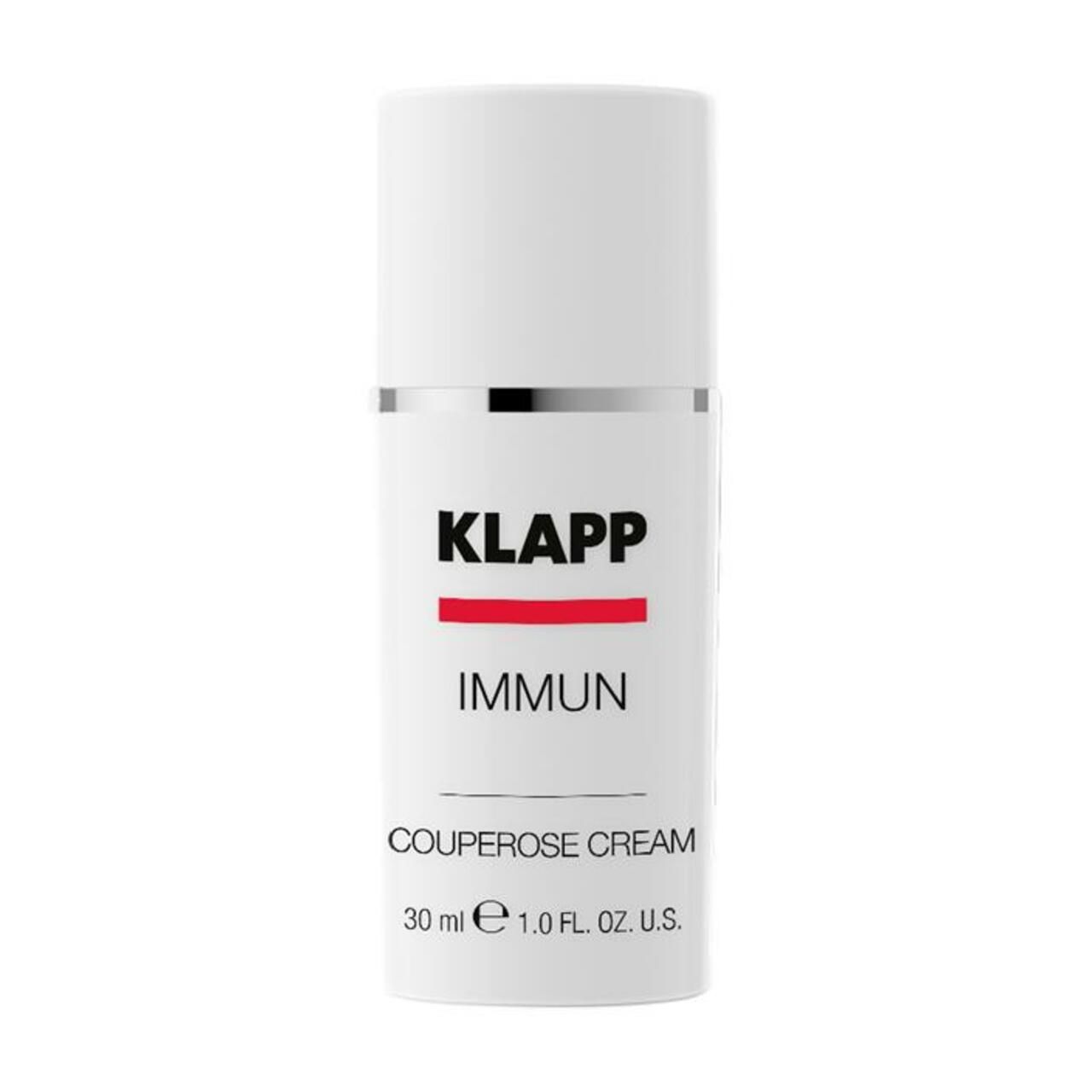 Witte fles met zilveren ring. KLAPP, rode balk, Immun. Onder: Couperose Cream, 30 ml, 1.0 FL. OZ. U.S.