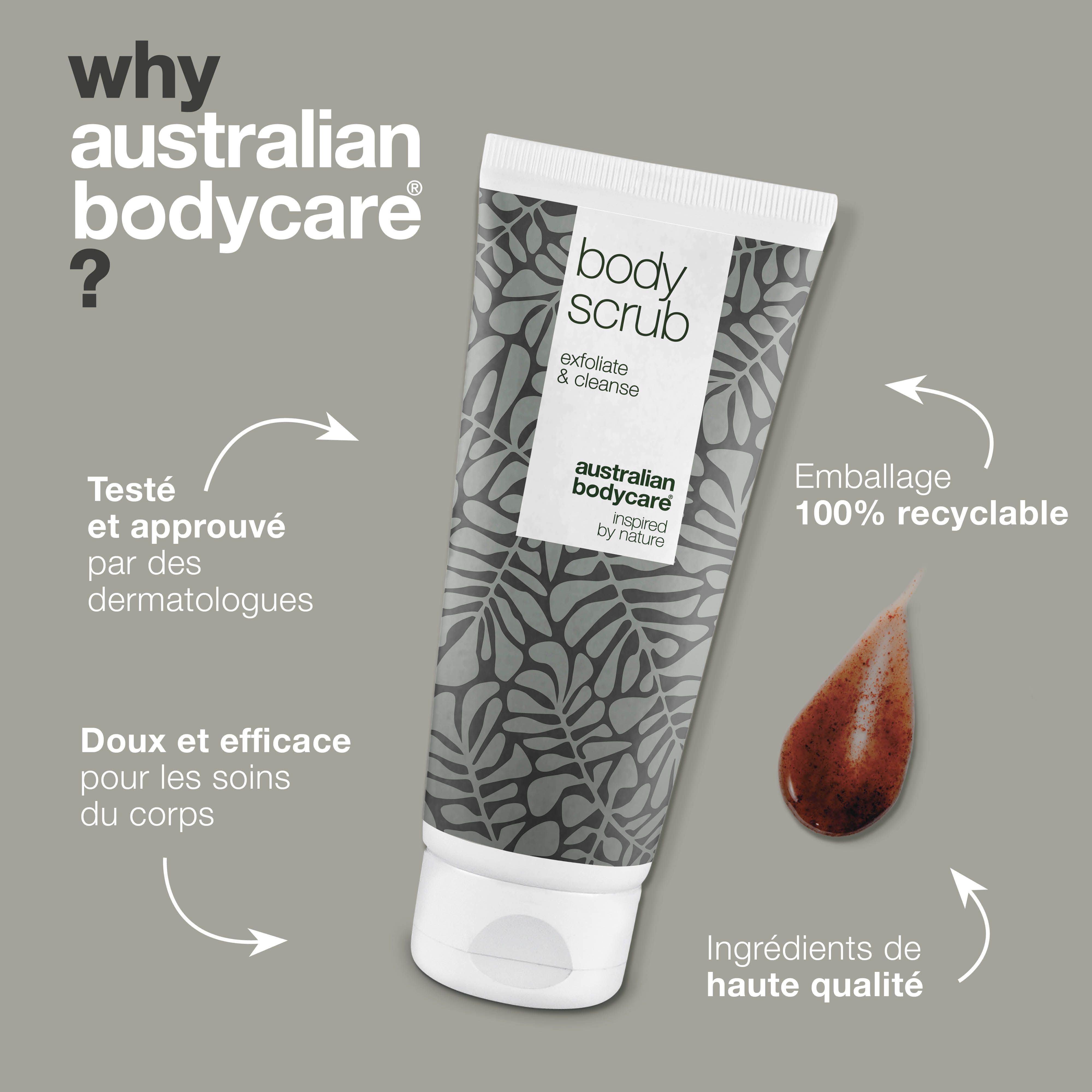 Graphique : Pourquoi Australian Bodycare ? Tube de gommage corporel. Testé, approuvé par les dermatologues, doux, efficace, ingrédients de haute qualité.