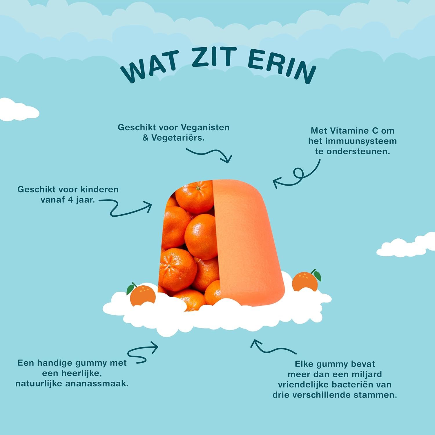 Oranje gummy-vormige houder gevuld met mandarijnen. Geschikt voor veganisten, vegetariërs en kinderen vanaf 4 jaar.