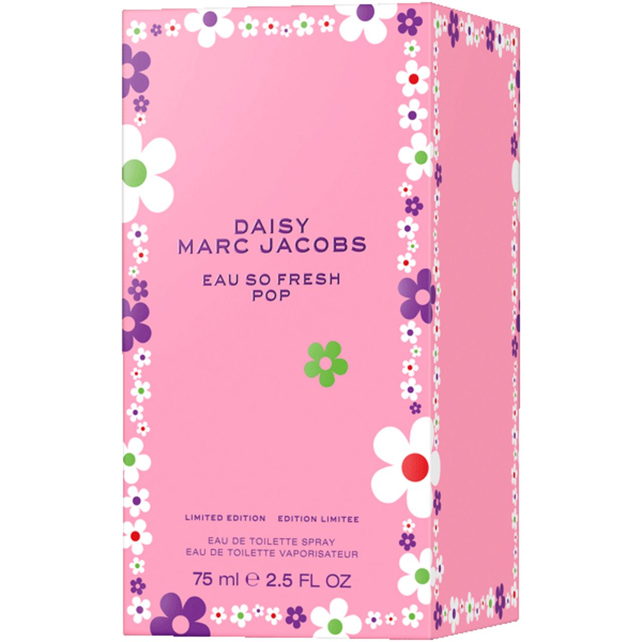 Roze verpakking met bloemenpatroon. Opschrift: Daisy Marc Jacobs Eau So Fresh Pop. Limited Edition.