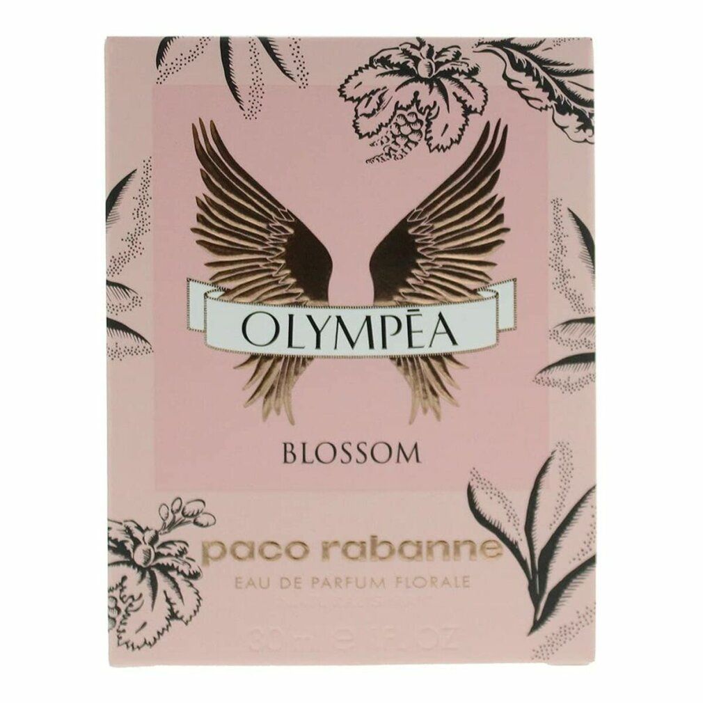 Emballage rose avec motif d'ailes, éléments floraux et inscription Olympéa Blossom. Marque Paco Rabanne.