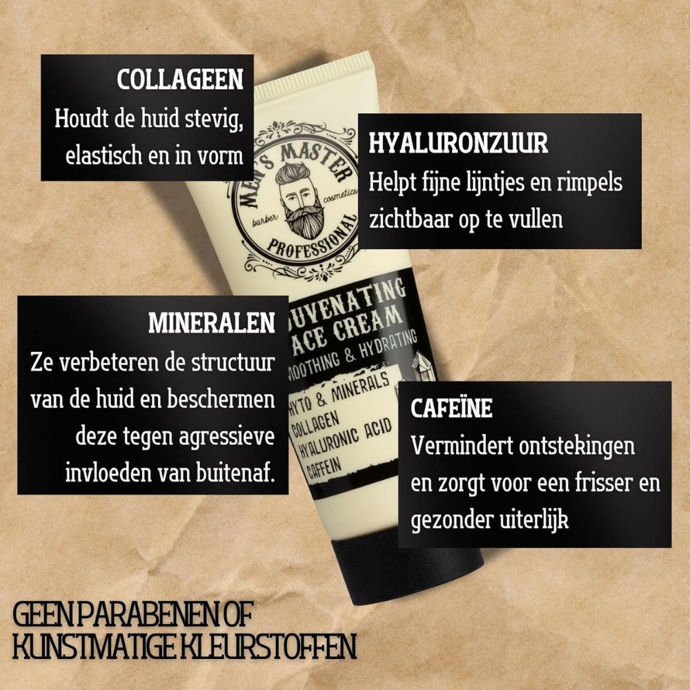 Crèmetube en tekst. Tekst: Collageen, hyaluronzuur, mineralen, cafeïne.