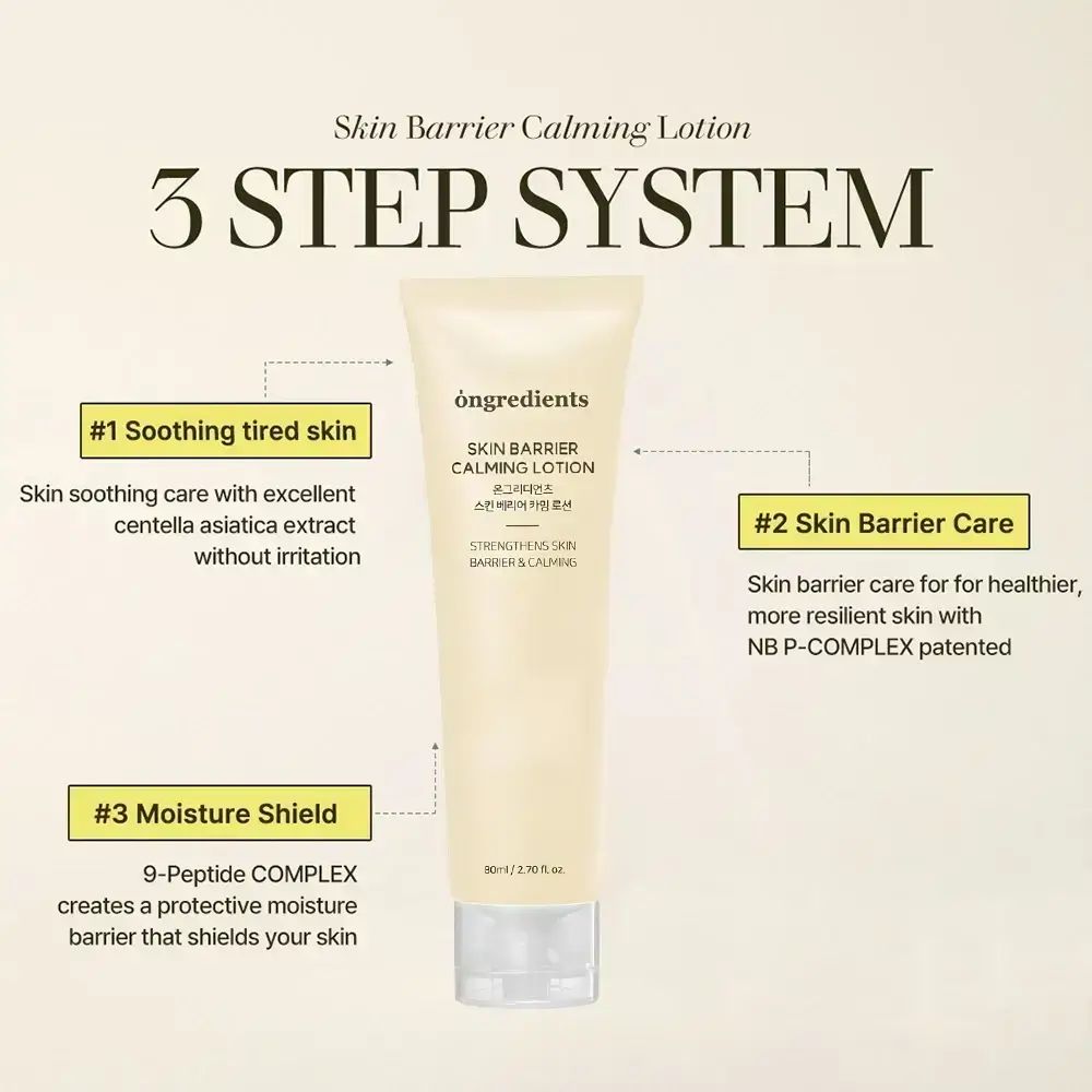 Tube de produit avec texte et diagramme. Inscription: Skin Barrier Calming Lotion. Système en 3 étapes. Flèches pointent vers le texte.