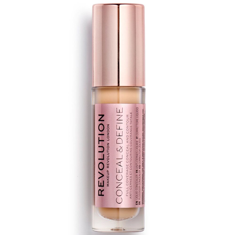 Flacon de correcteur avec bouchon or rose. Inscription: Makeup Revolution London, Conceal & Define.