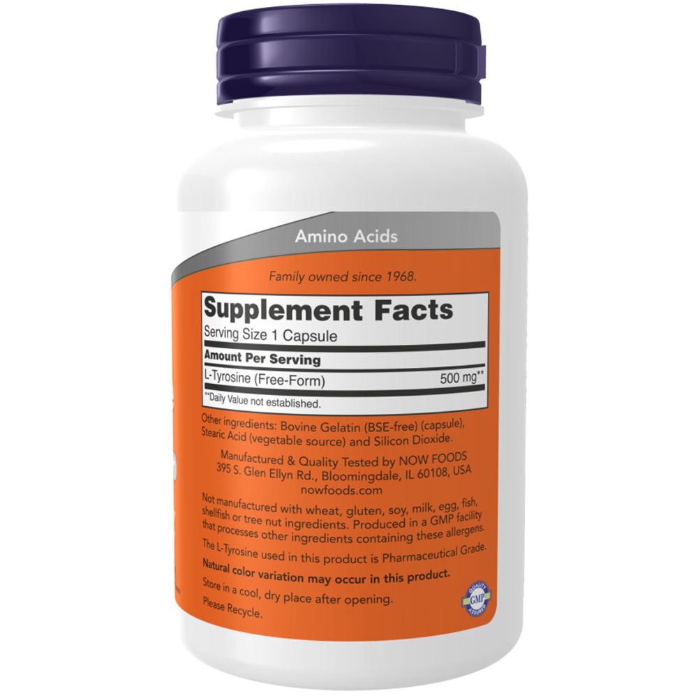 Flacon blanc avec bouchon bleu. Étiquette avec texte : "Amino Acids", "Supplement Facts", "L-Tyrosine (Free-Form)", 500mg. Contient des gélules.