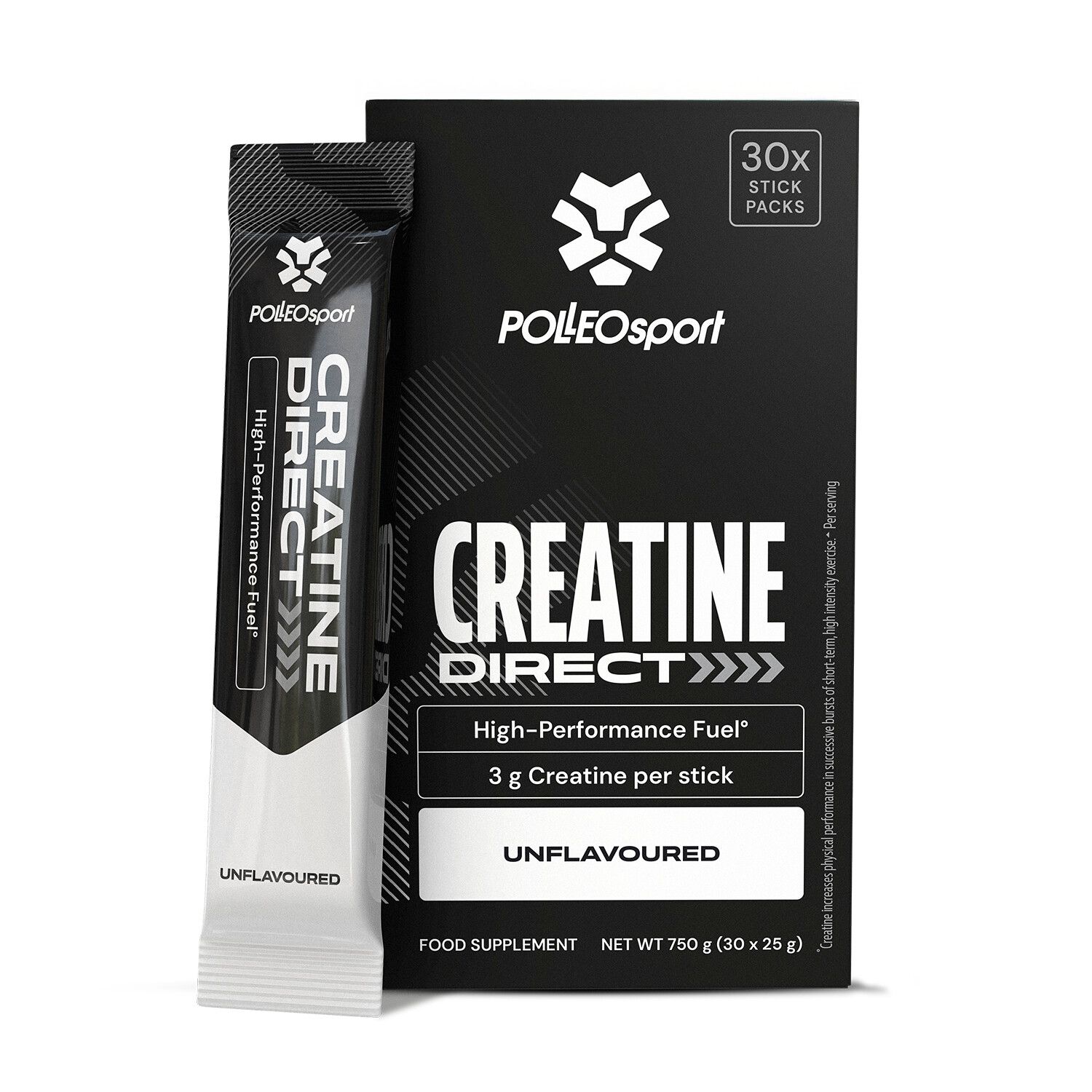 Zwarte verpakking met "CREATINE DIRECT" en "POLEOSport" logo. Enkele zakjes met "CREATINE DIRECT" en "UNFLAVOURED".