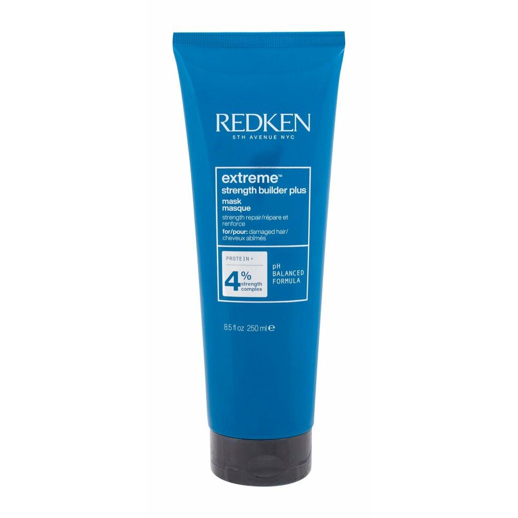 Tube bleue Redken Extreme Strength Builder Plus. Texte: extreme strength builder plus mask. 250ml.
