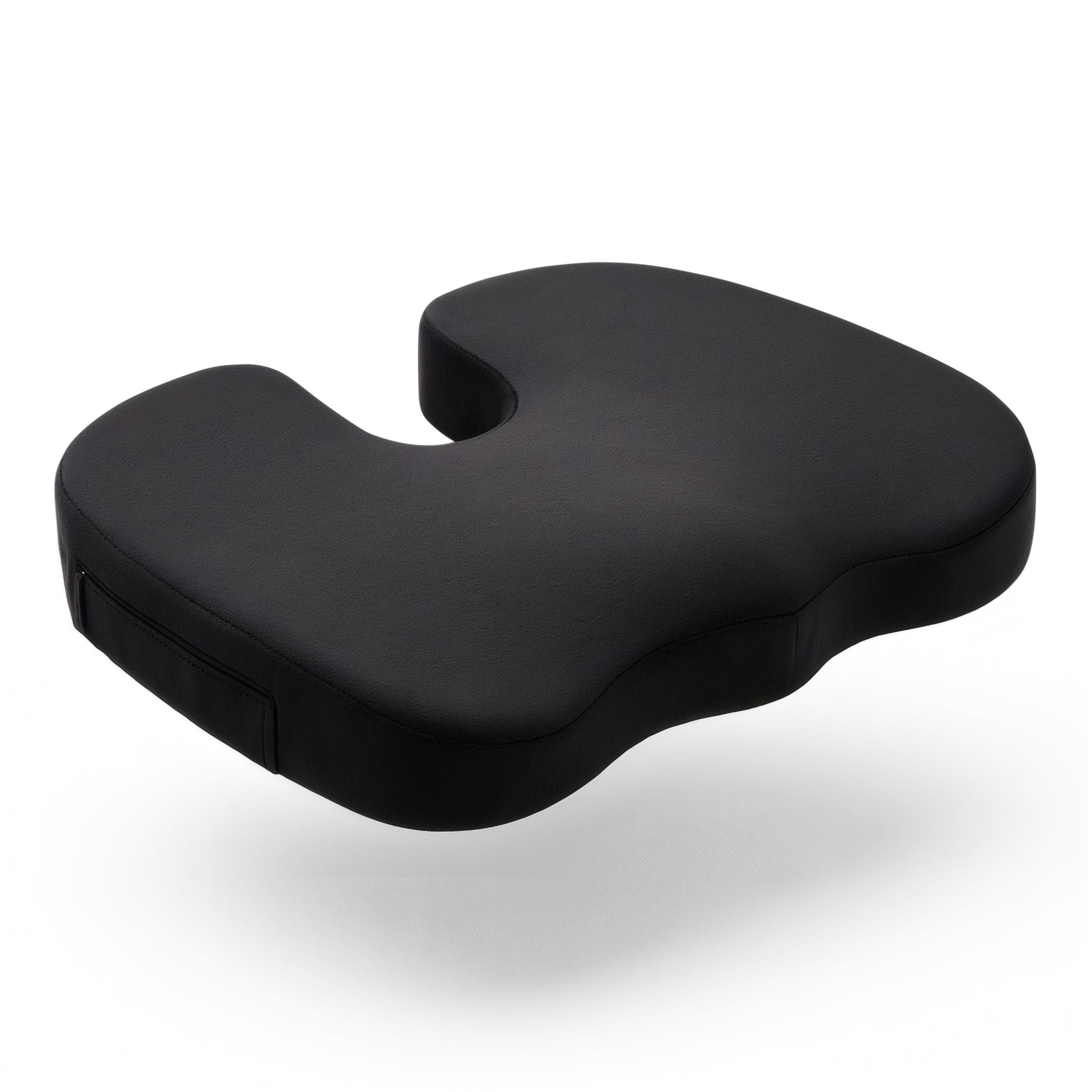 Coussin de siège ergonomique noir avec découpe. Fermeture éclair latérale.