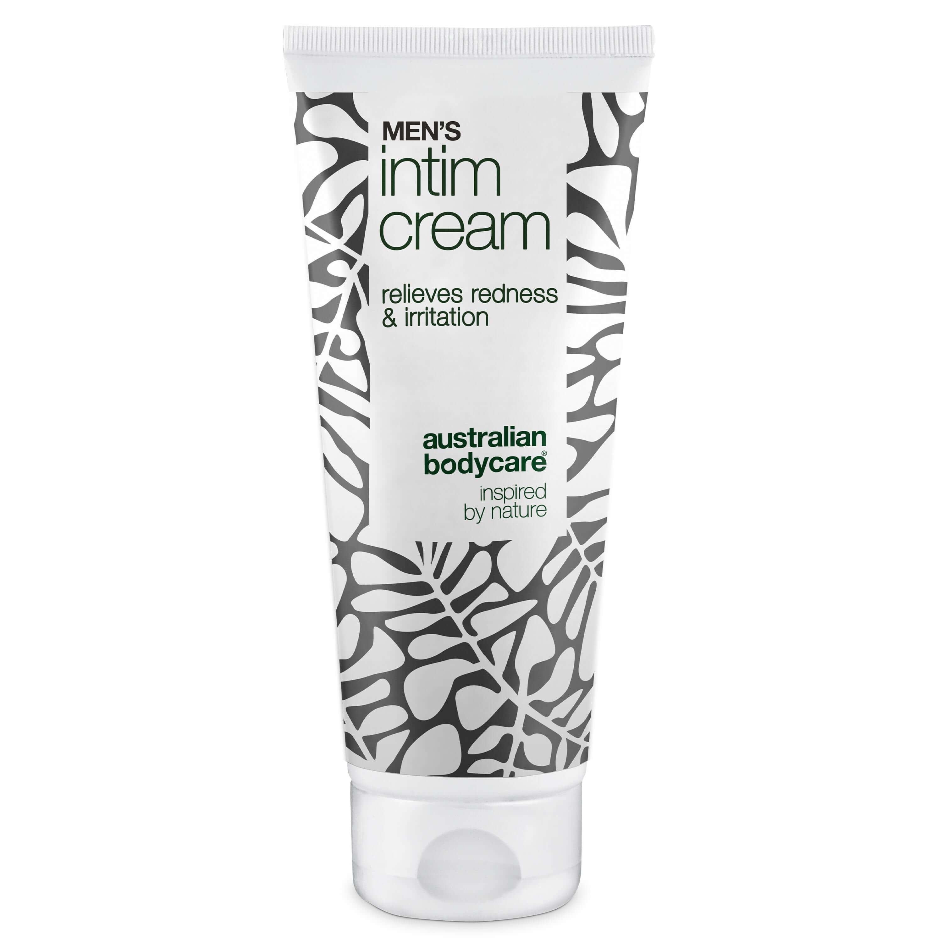 Tube intieme crème voor mannen. Wit met zwart patroon. Bevat tekst: Intim Cream, verlicht roodheid & irritatie.