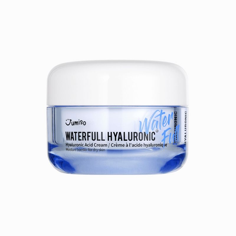 Pot de crème bleu avec couvercle blanc. Inscription: JUMISO WATERFULL HYALURONIC. Crème pour peau sèche.