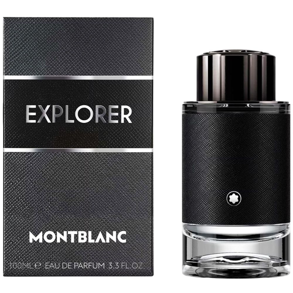 Flacon noir avec bouchon argenté et emballage noir. Inscription EXPLORER et MONTBLANC. Eau de Parfum 100ml.