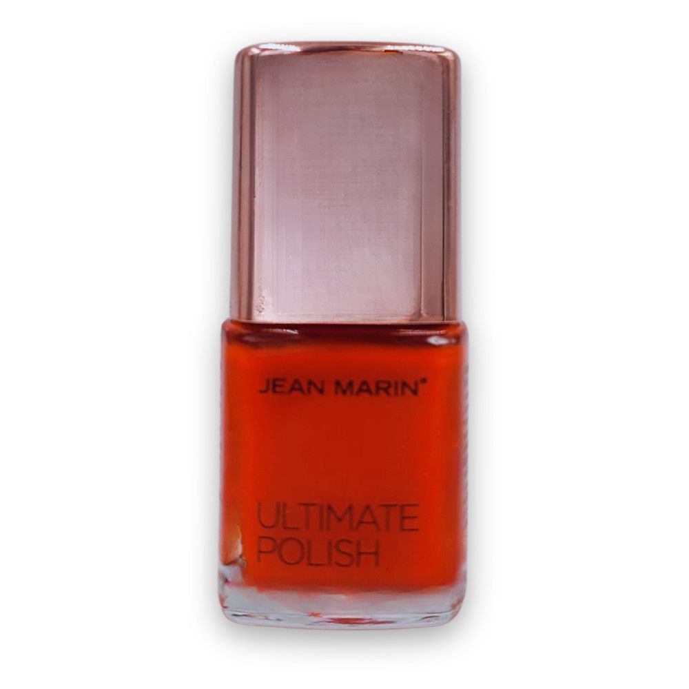 Flacon de vernis à ongles rouge. Jean Marin Ultimate Polish. Flacon carré en verre avec bouchon or rose.