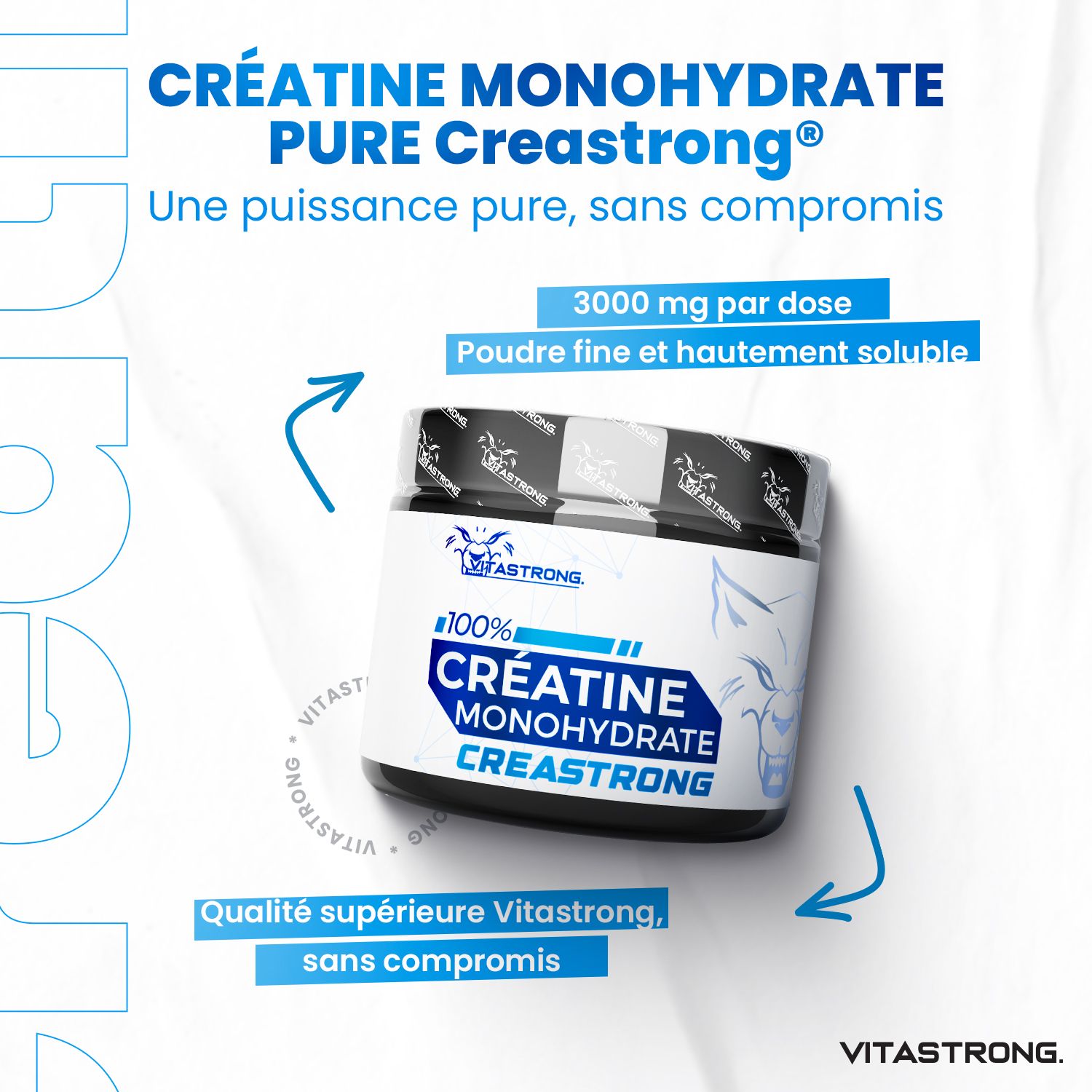 Pot met tekst: CREATINE MONOHYDRATE PURE CreaStrong®. 3000 mg per dosis. Fijn poeder.