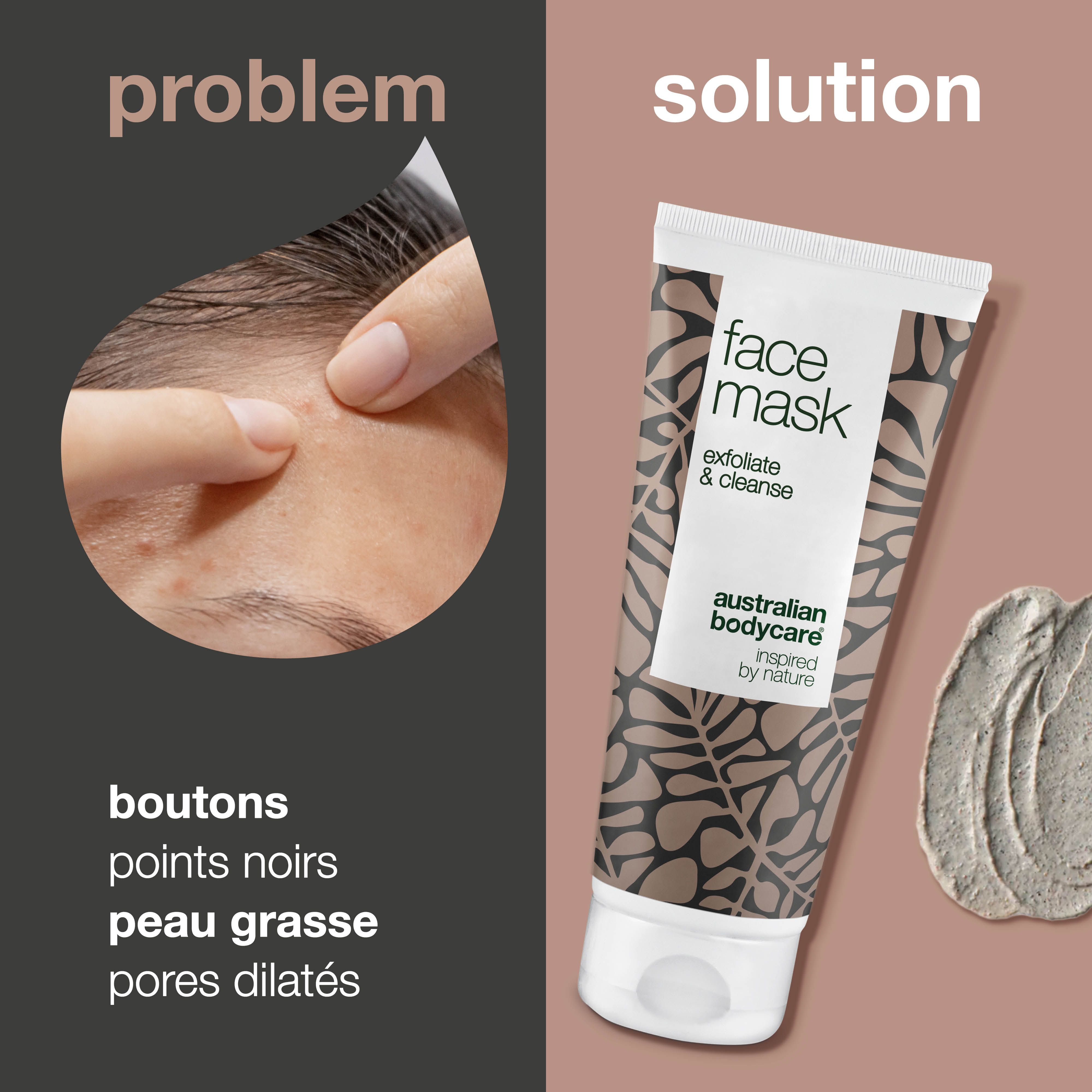 Problème: boutons, points noirs, peau grasse. Solution: tube de masque facial, texte: Face Mask, Australian Bodycare.