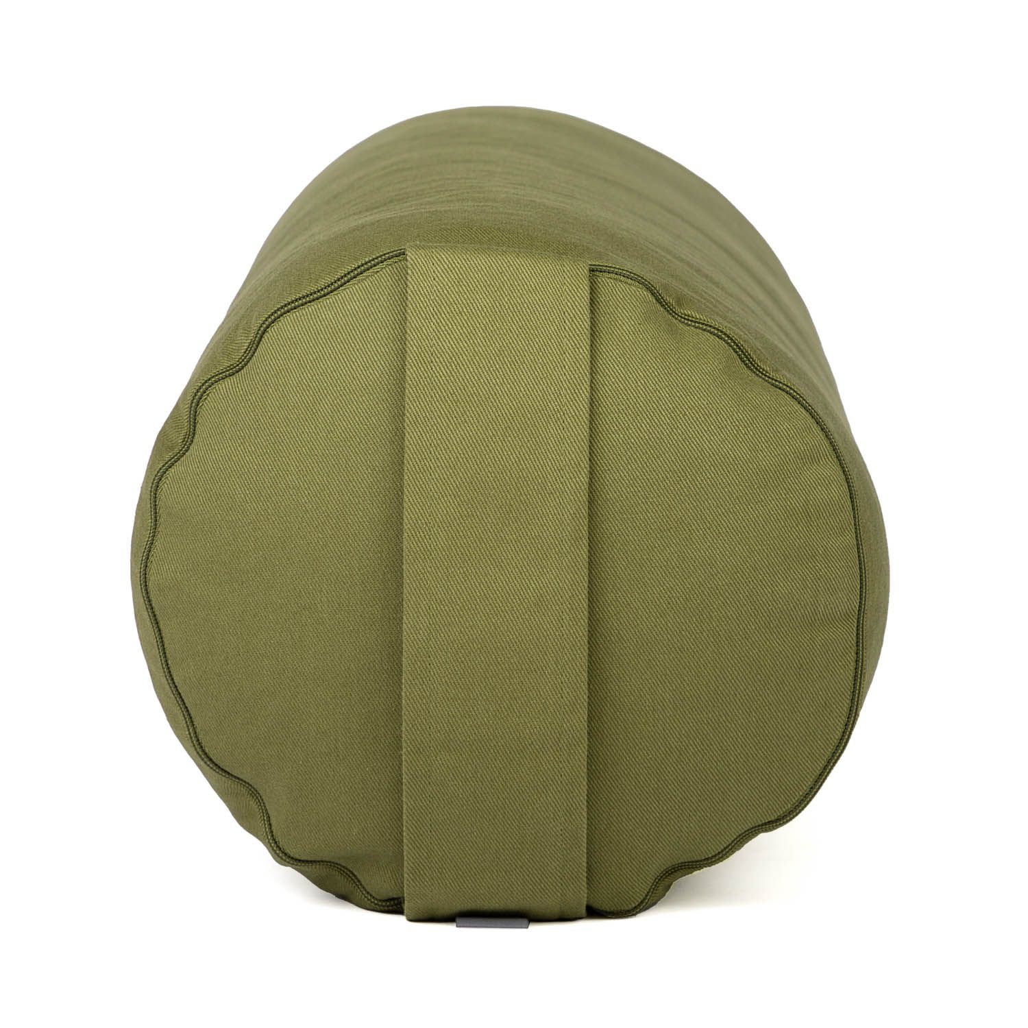 Yoga bolster, olijfgroen, rond uiteinde. Stof met naad en handvat. Kapok vulling.