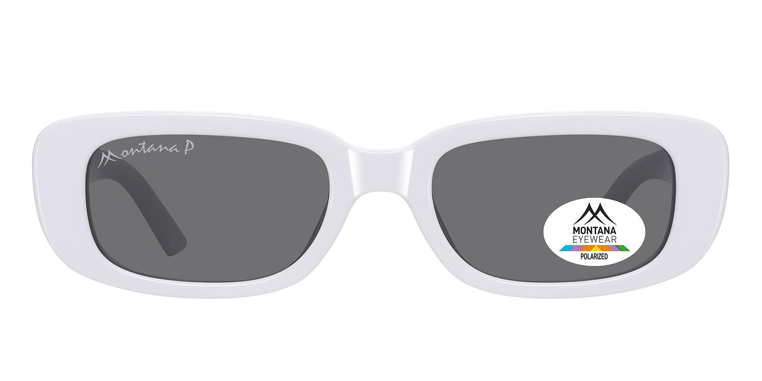 Zonnebril met wit montuur en grijze glazen. Logo "Montana Eyewear Polarized" op het glas.