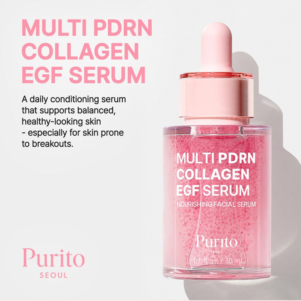 PURITO Multi PDRN Collageen EGF Serum fles naast tekst. "Nourishing Facial Serum" op etiket.