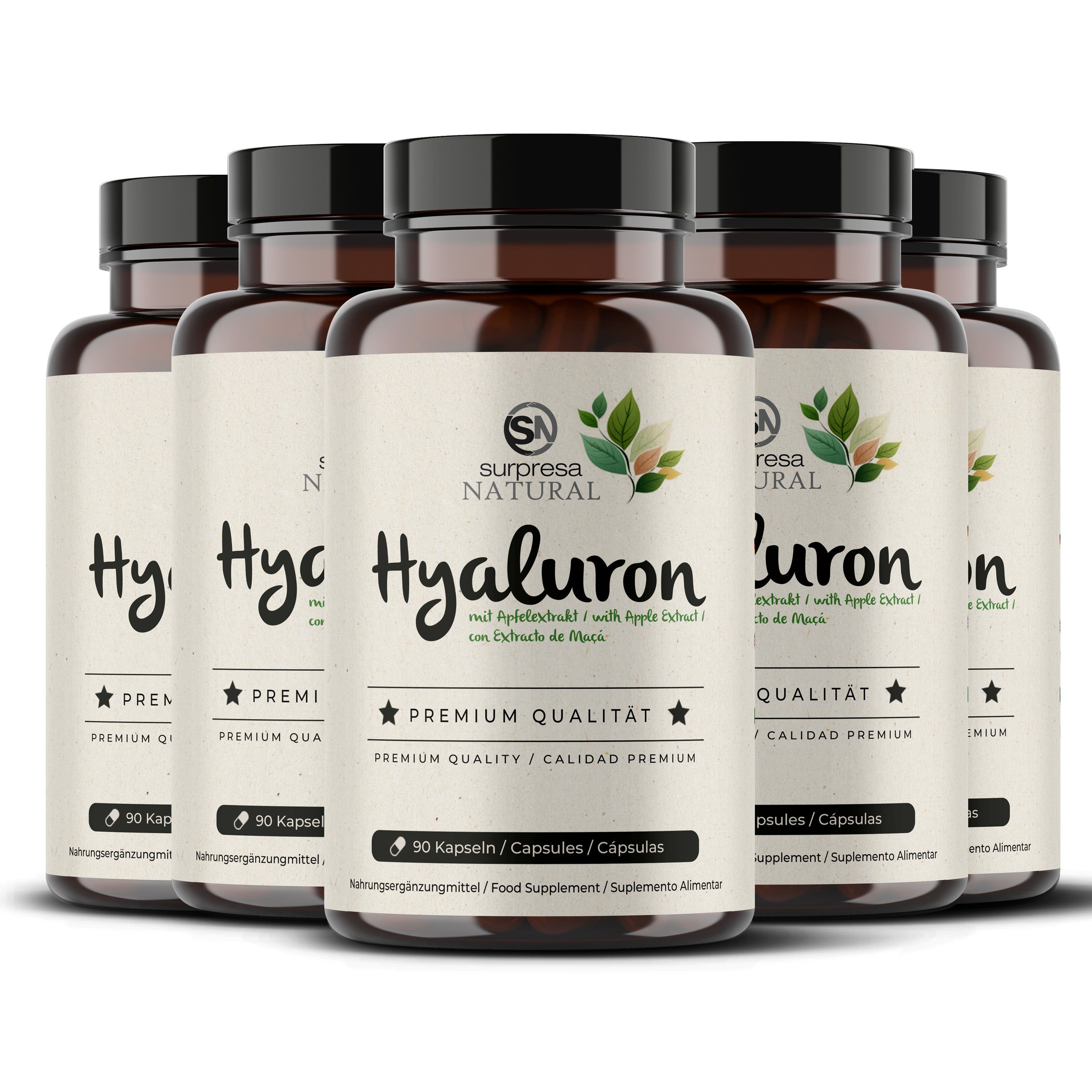 Zes flessen Surpresa Natural Hyaluron capsules met appel-extract. Premium kwaliteit, 90 capsules per fles.