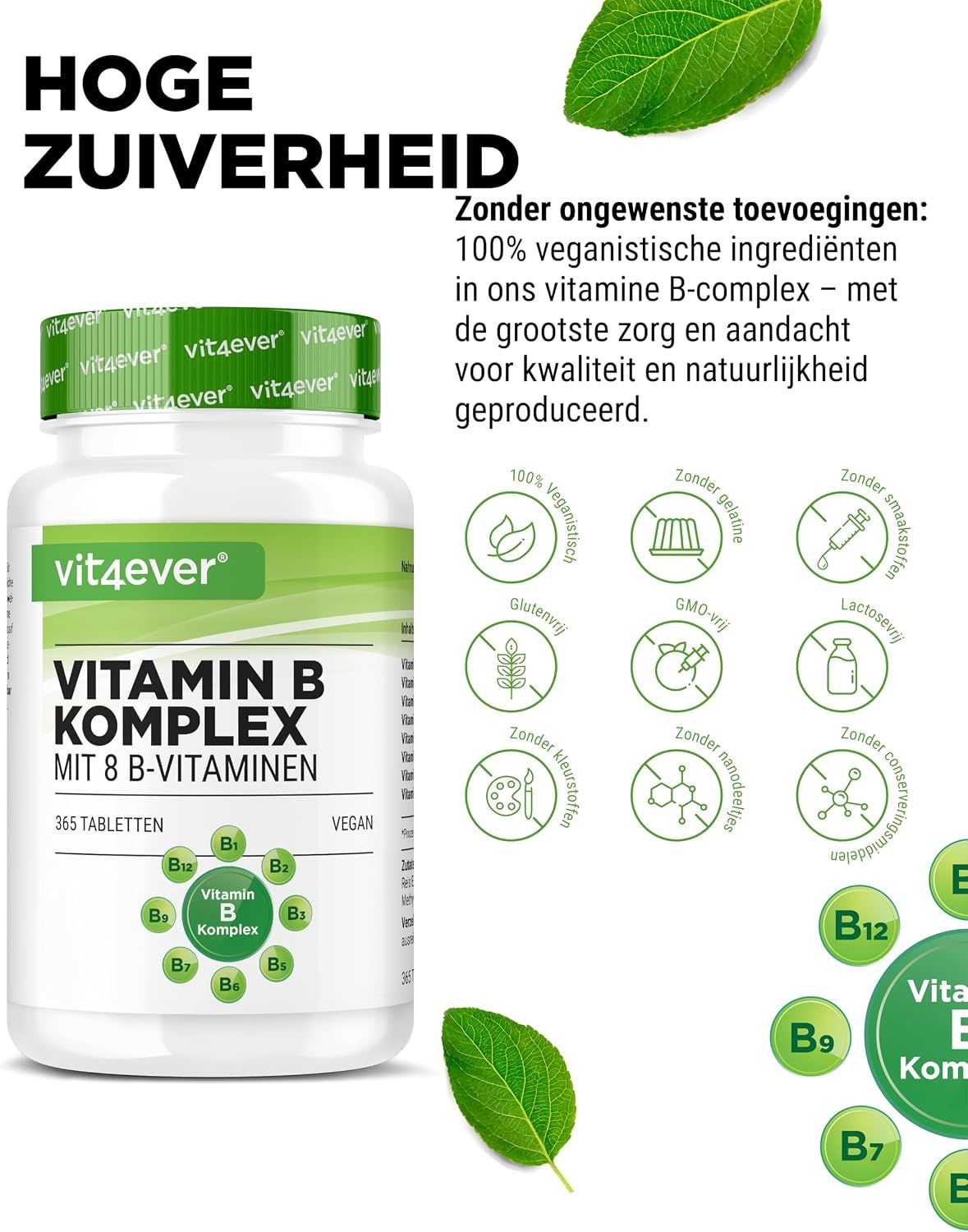 Vit4ever Vitamine B Complex: Fles met 365 tabletten en gedetailleerde etiket informatie.
