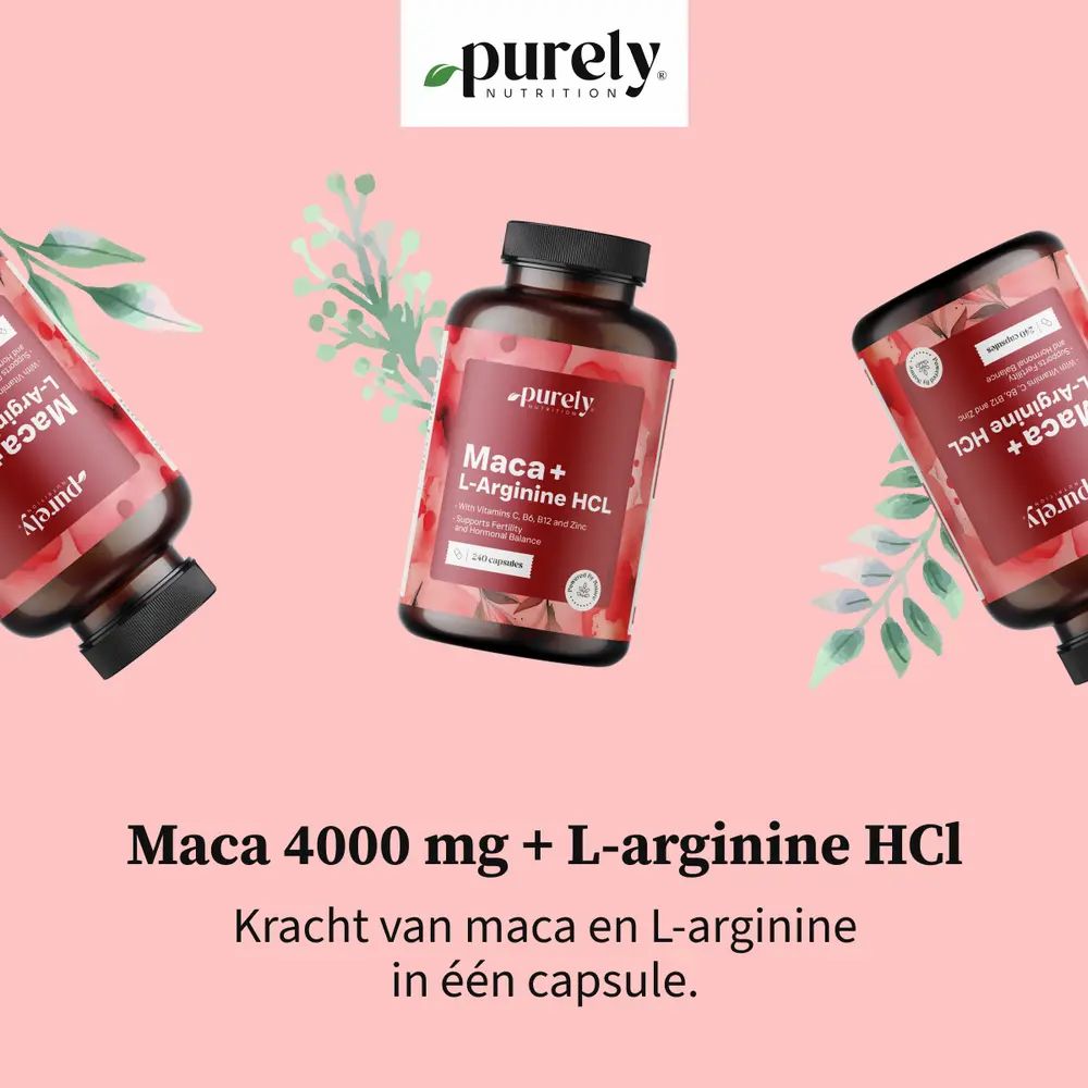 Meerdere flessen met capsules. Opschrift: Maca + L-Arginine HCl. Kracht van maca en L-arginine in één capsule.