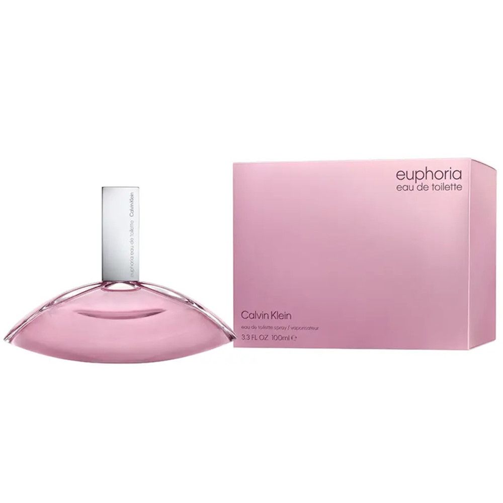 Roze fles en verpakking. Fles met zilveren dop. Verpakking met opschrift "euphoria eau de toilette" en "Calvin Klein".