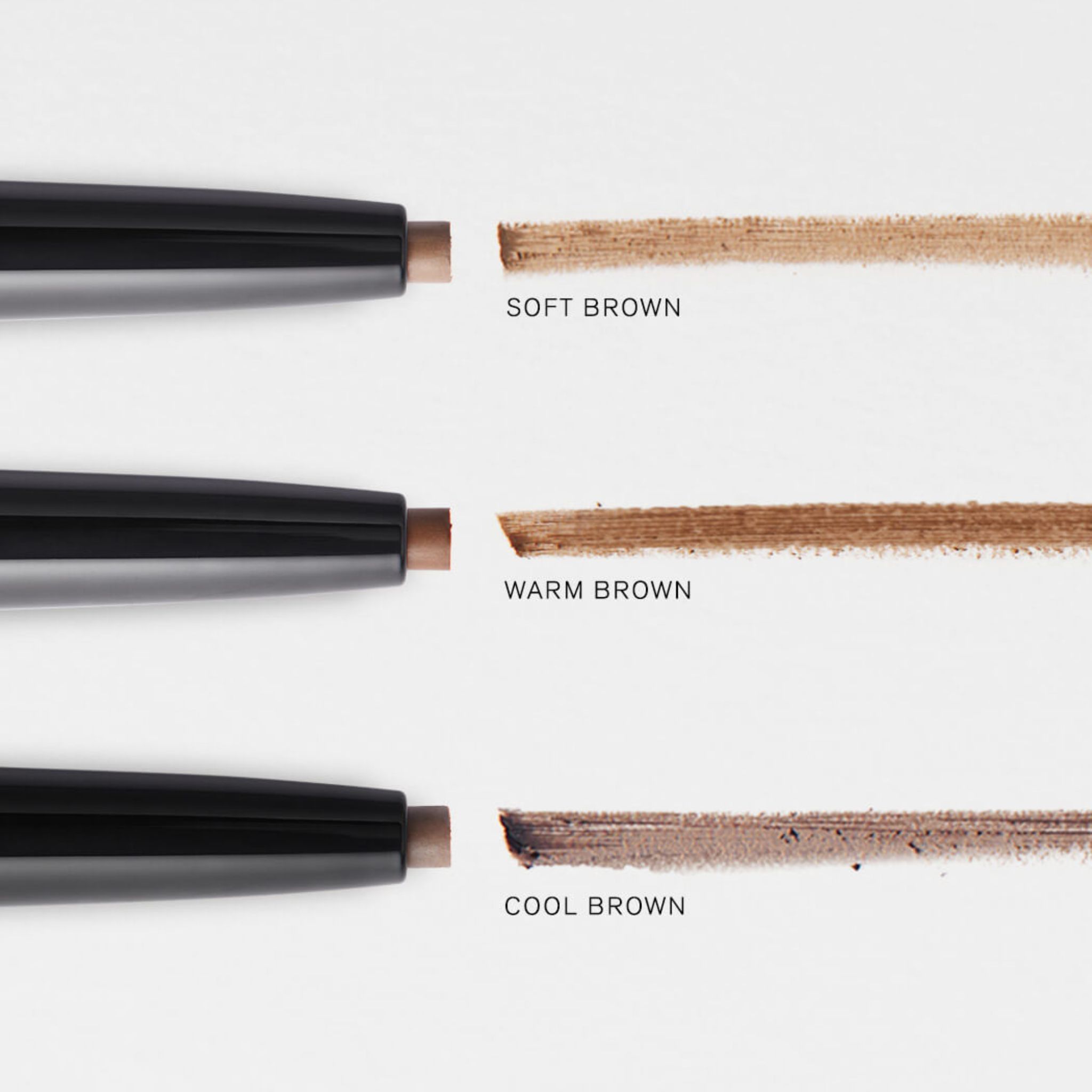 Trois pointes de crayon à sourcils RevitaLash Hi-Def et traits de couleur : Soft, Warm et Cool Brown.