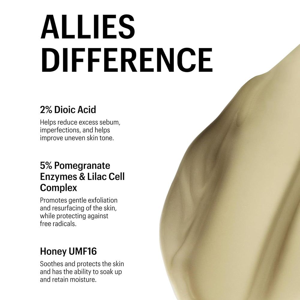 Texte sur fond blanc : « ALLIES DIFFERENCE ». Ingrédients et leurs effets : 2 % d'acide dioïque, etc.