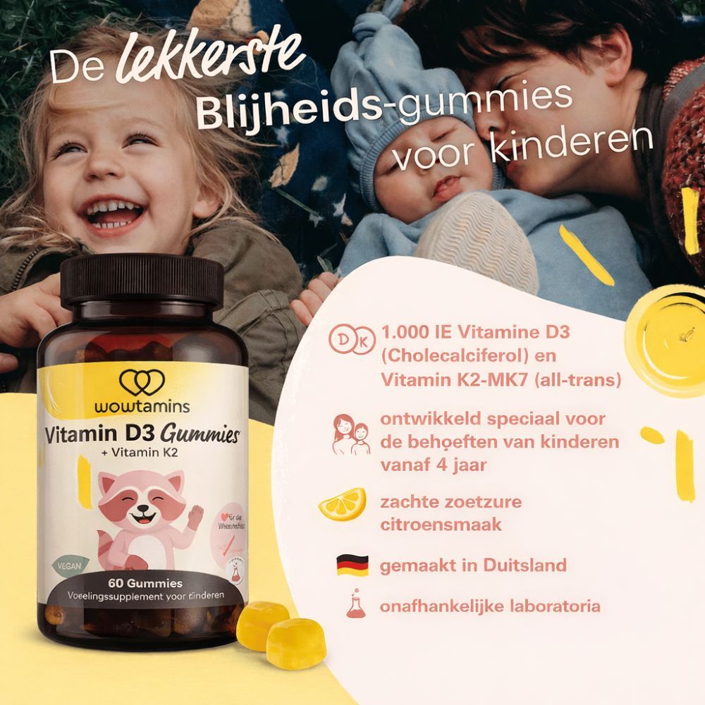 Productafbeelding met fles Vitamine D3 Gummies, kinderen en tekst. Opschrift: Vitamine K2.