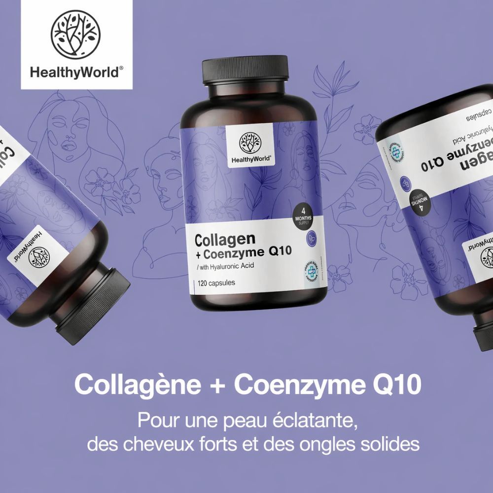 Flacons de produit. Texte: Collagène + Coenzyme Q10. Marque: HealthyWorld. Fond: femme.