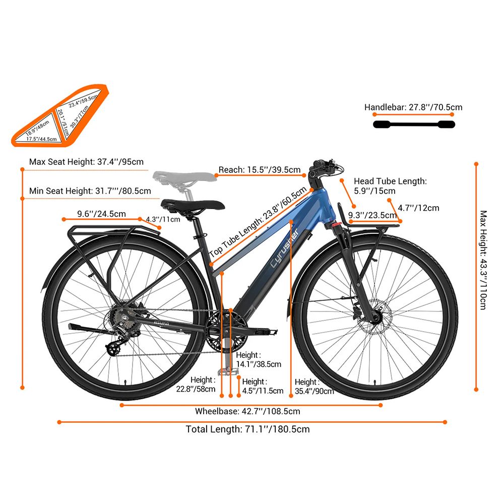 Cyrusher Asuka elektrische fiets met afmetingen. Toont o.a. stuur, zadelhoogte, wielbasis en totale lengte.