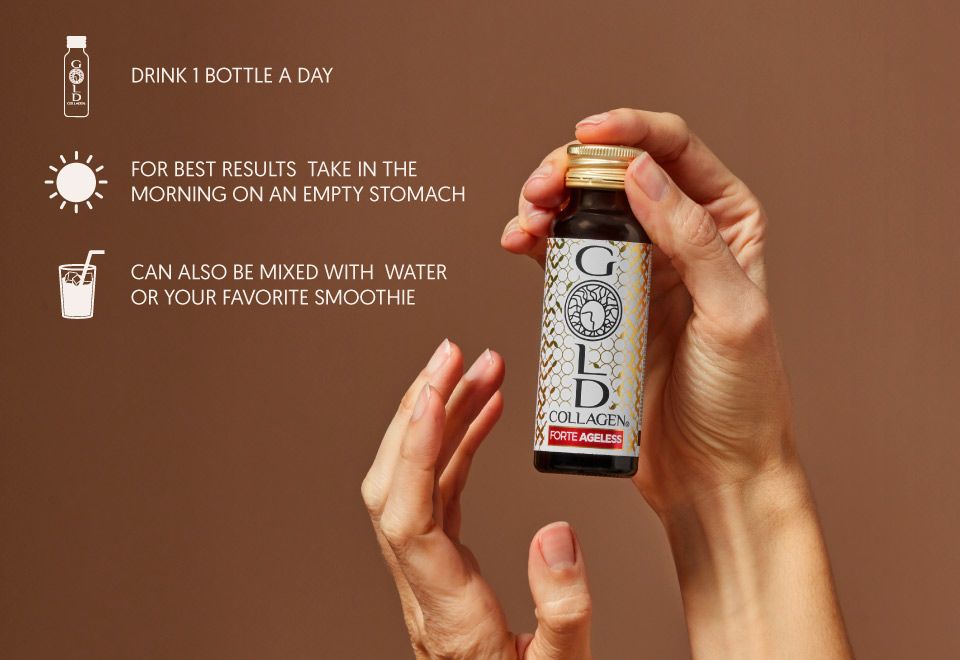Hand die een Gold Collagen Forte Ageless fles vasthoudt. Instructies: 1 fles per dag, 's ochtends op lege maag.