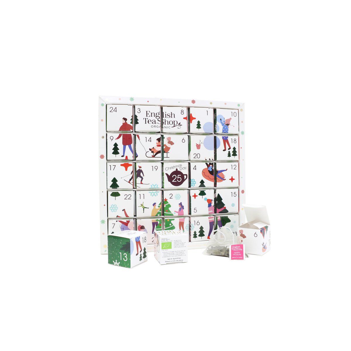 Adventskalender met geopende vakjes en theezakjes. English Tea Shop logo. 25 piramidezakjes. Wintermotieven.