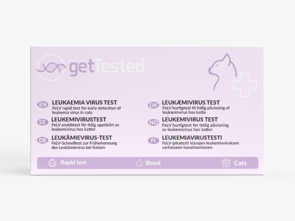 Test GetTested pour la leucémie féline. Emballage violet avec nom du produit, logo et pictogrammes.