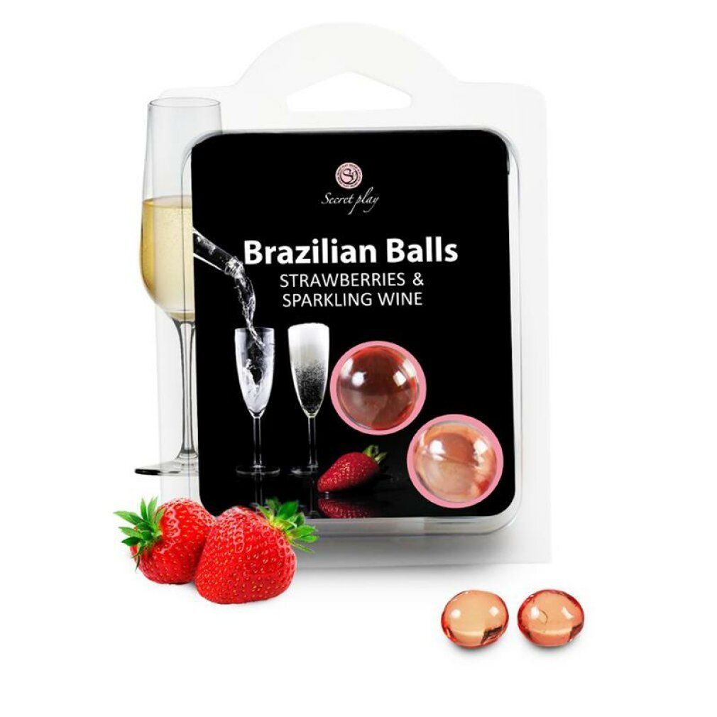 Secret Play Brazilian Balls Aardbeien & Champagne in blisterverpakking, met aardbeien en champagneglazen.