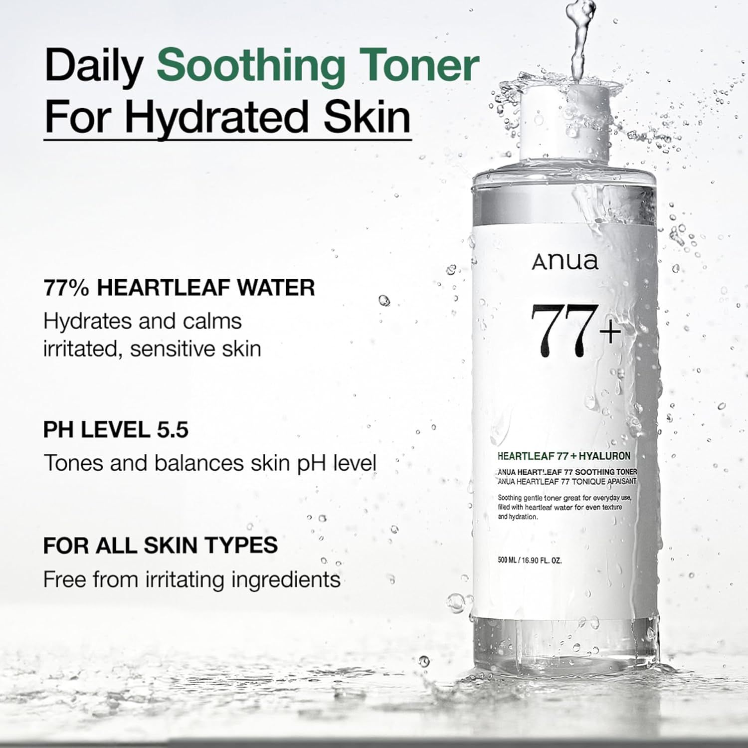 Productfles met tekst: Anua, Heartleaf 77+ Hyaluron. Tekst over voordelen. Achtergrond: water.