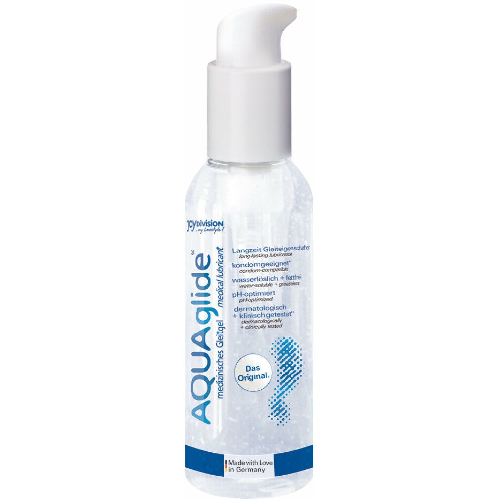 Flacon transparent avec pompe blanche. Inscription: AQUAglide, gel lubrifiant médical. Avec logo et texte.