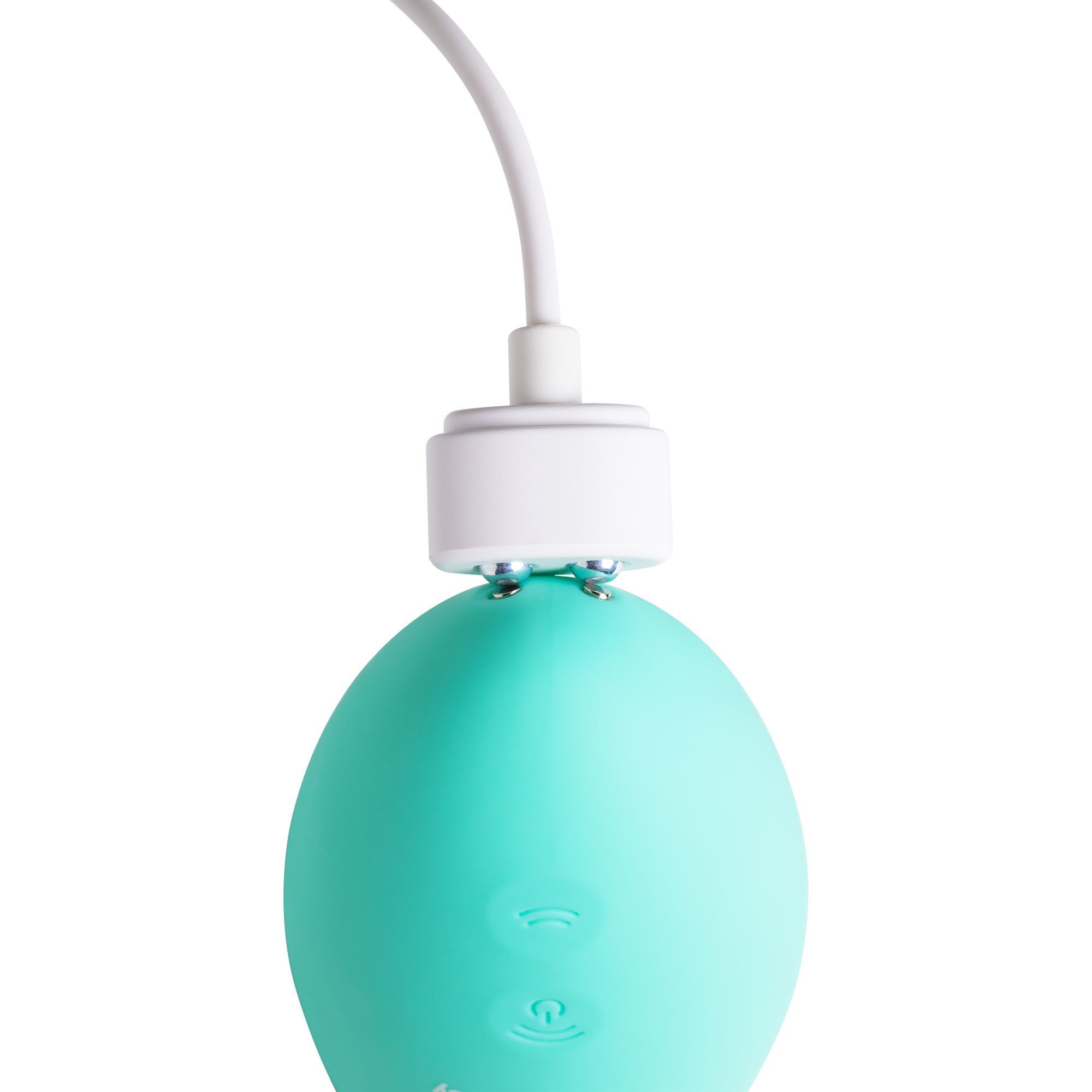 Vibromasseur turquoise avec port de charge. Logo AMORELIE Joy. Deux boutons.