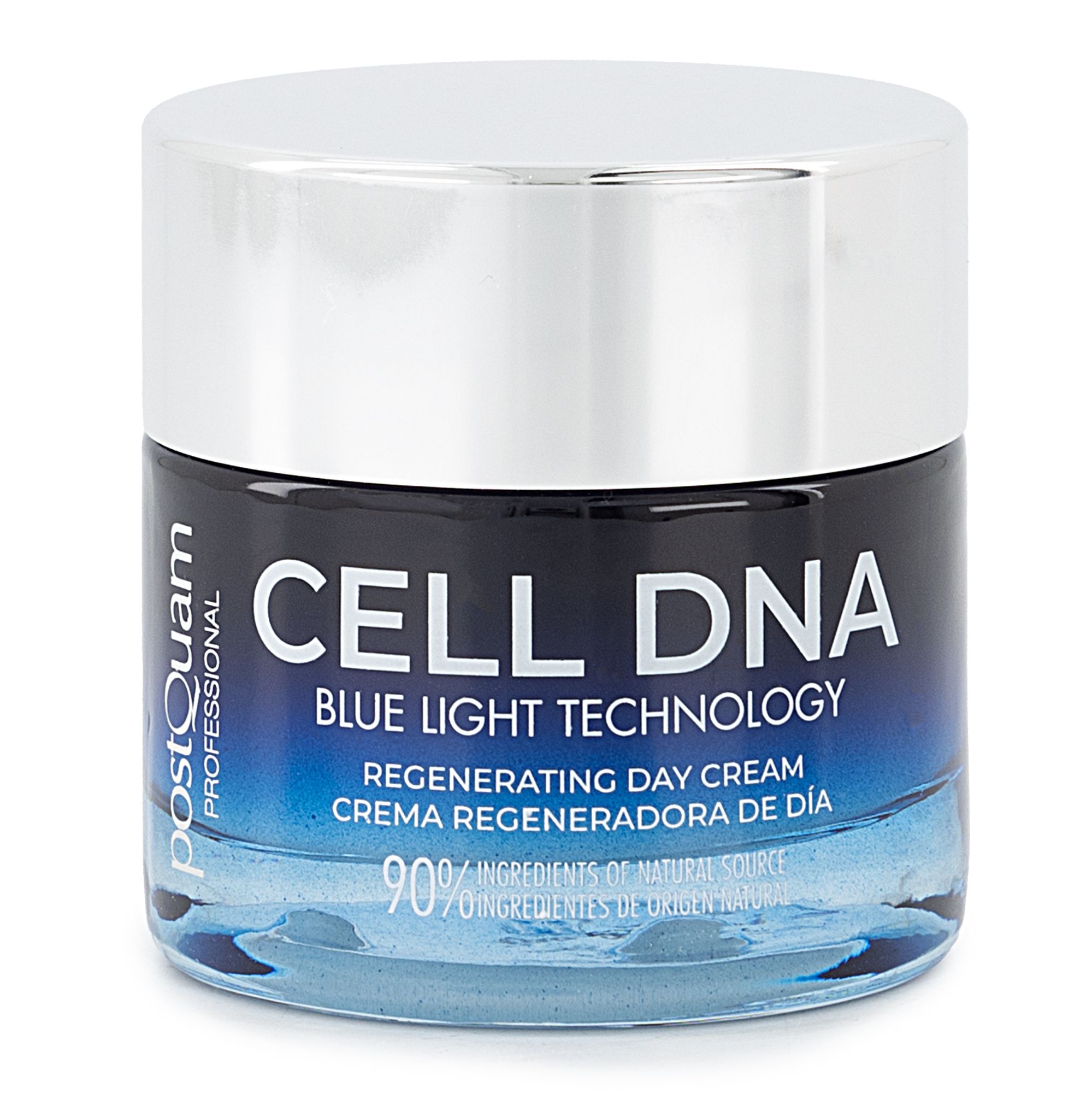 Postquam Cell DNA dagcrème. Blauwe glazen pot met zilveren deksel. Opschrift: CELL DNA, Blue Light Technology, Regenerating Day Cream.