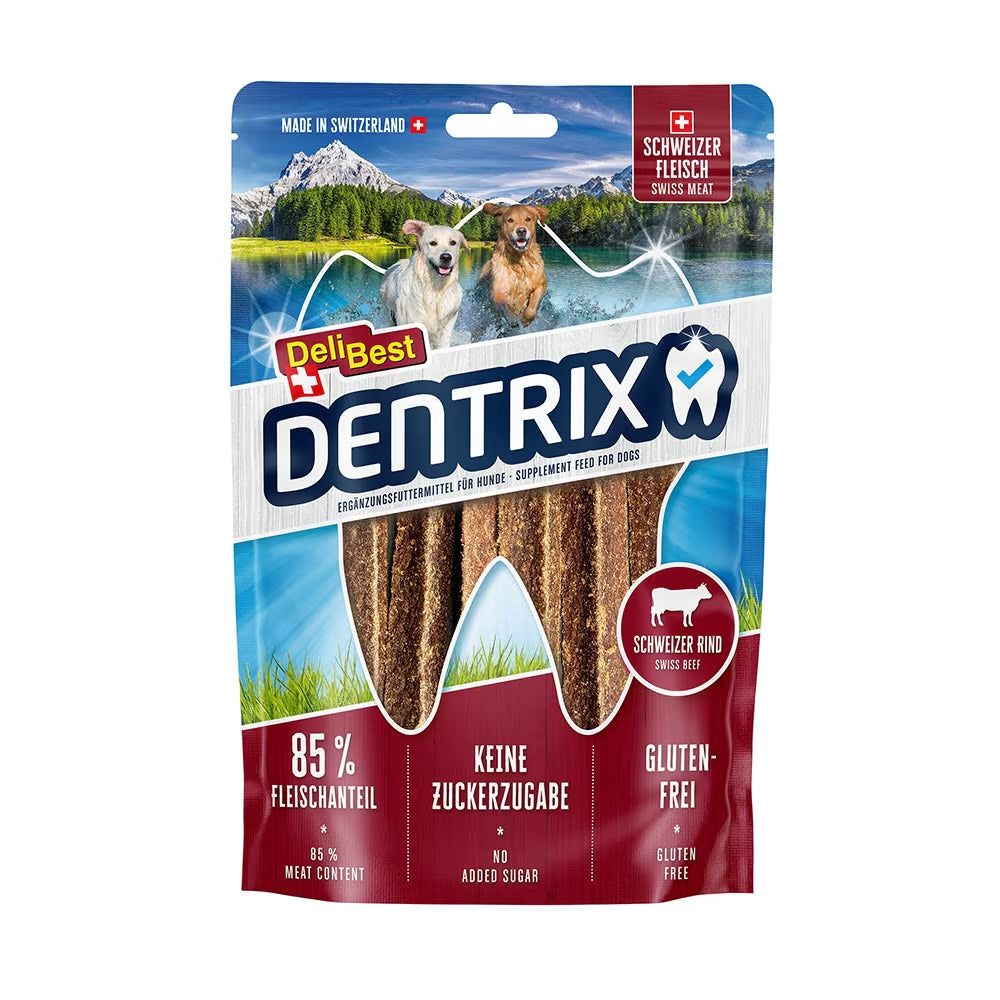 Paquet de DeliBest DENTRIX Rind. Contient 85% de viande, sans sucre ajouté, sans gluten. Viande suisse.