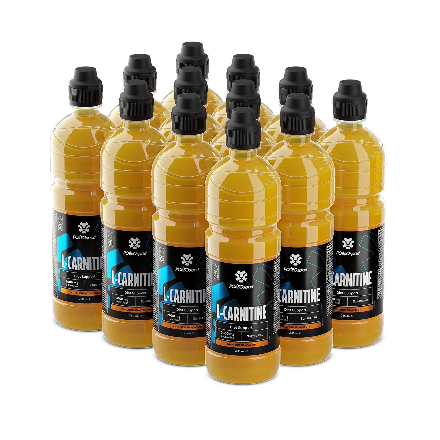 Meerdere flessen geel drankje met zwarte dop. Label met tekst: L-Carnitine, 3000 mg + Carnitine, Orange Flavour.