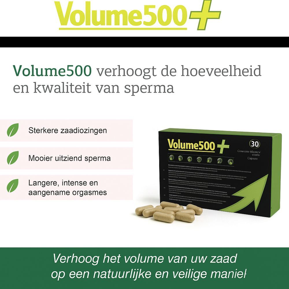 Verpakking "Volume500+" met capsules. Tekst: "Volume500 verhoogt hoeveelheid en kwaliteit van sperma".