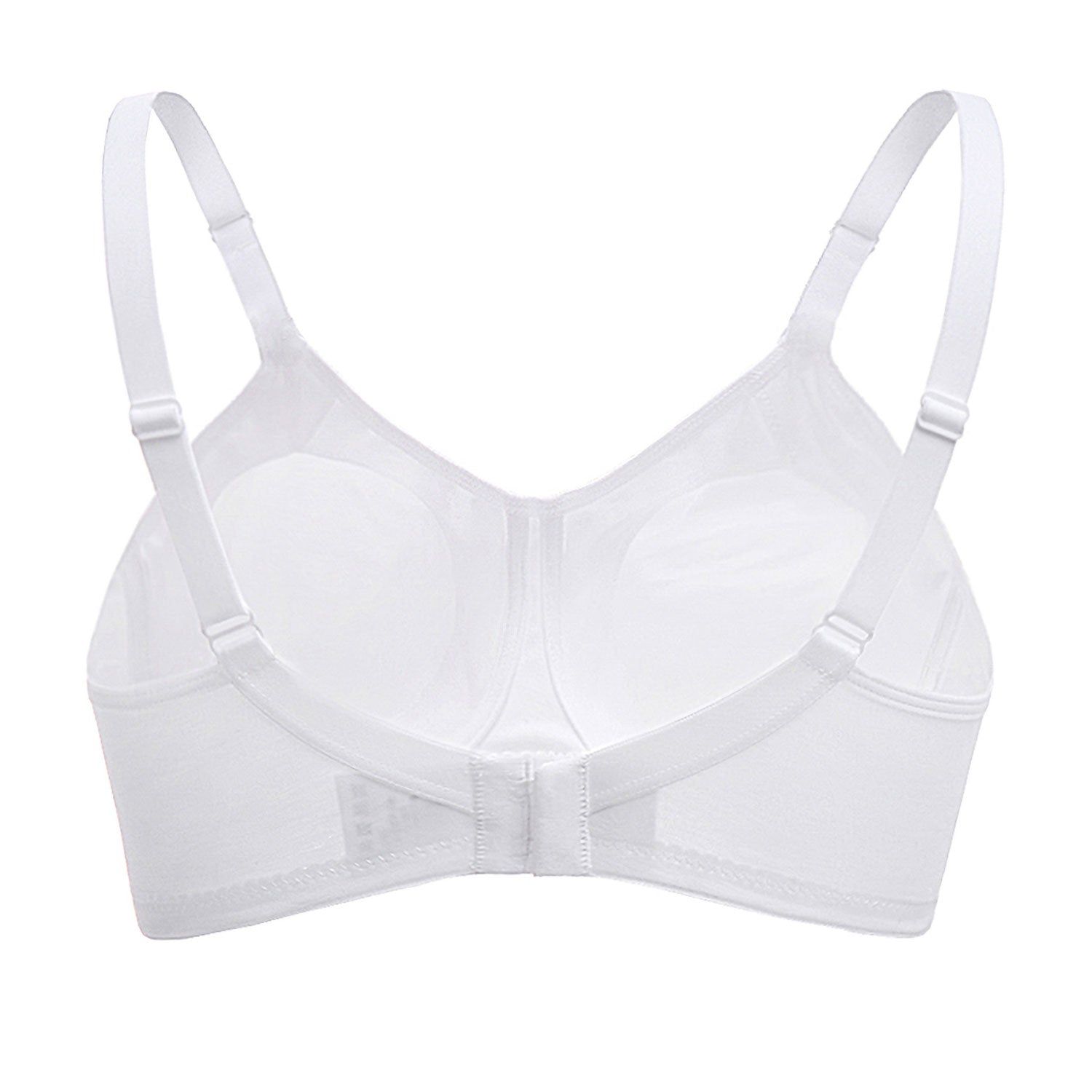 Vue arrière d'un soutien-gorge d'allaitement blanc, bonnet D, avec bretelles réglables et fermeture à clip. En coton.