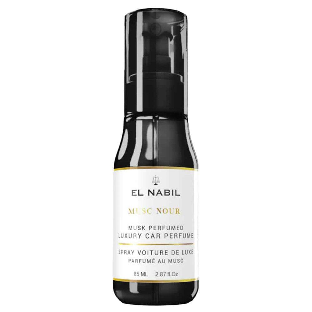 Flacon noir avec vaporisateur. Inscriptions: EL NABIL, MUSC NOUR, MUSK PERFUMED LUXURY CAR PERFUME, SPRAY VOITURE DE LUXE, 15 ml.
