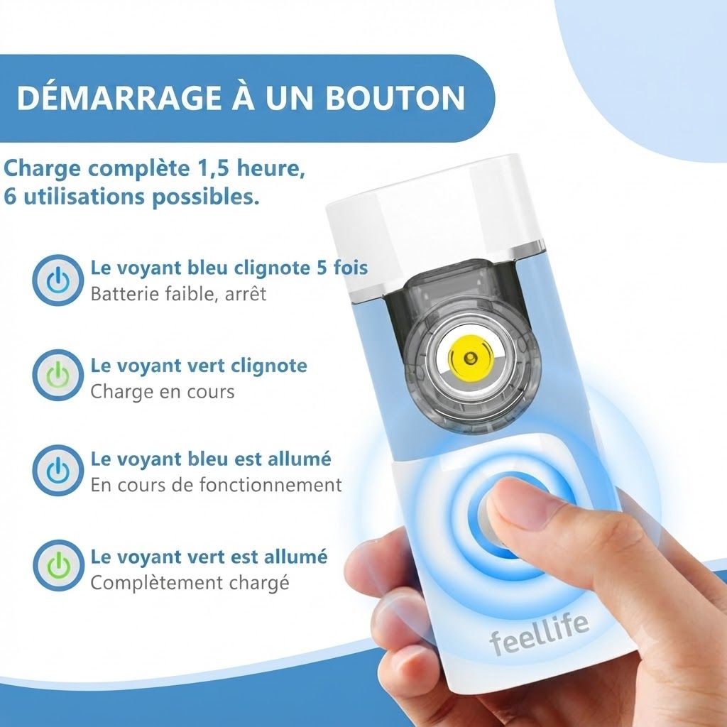 Appareil portable avec indicateurs lumineux bleu et vert montrant l'état de charge. Marque "feelife" visible.