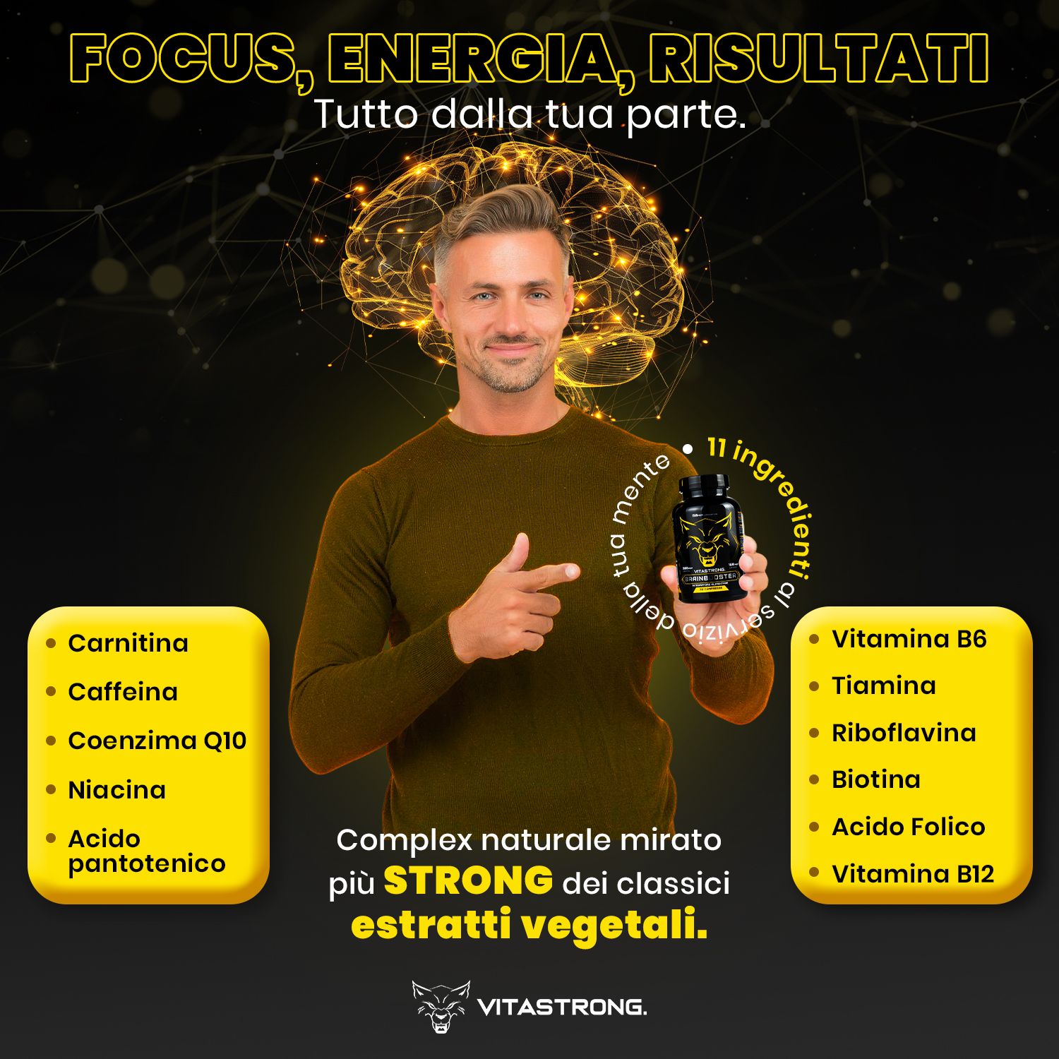 Man wijst naar Vitastrong Brainbooster fles. Gele infographic met ingrediënten. 11 ingrediënten.