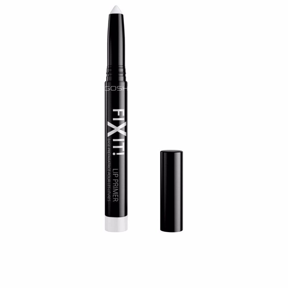 Primer à lèvres Gosh Fix It, transparent. Stylo noir avec pointe blanche et capuchon noir. Nom du produit et marque visibles.