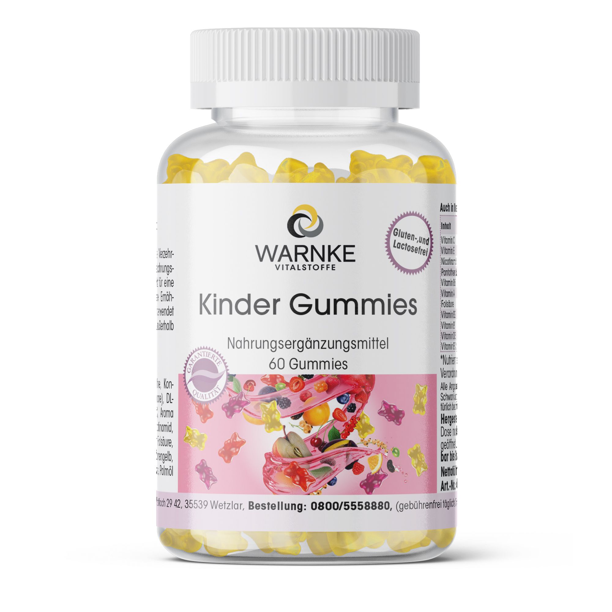 Flacon transparent de gummies jaunes. Inscription: Warnke Vitalstoffe Kinder Gummies, 60 pièces. Sans gluten ni lactose.