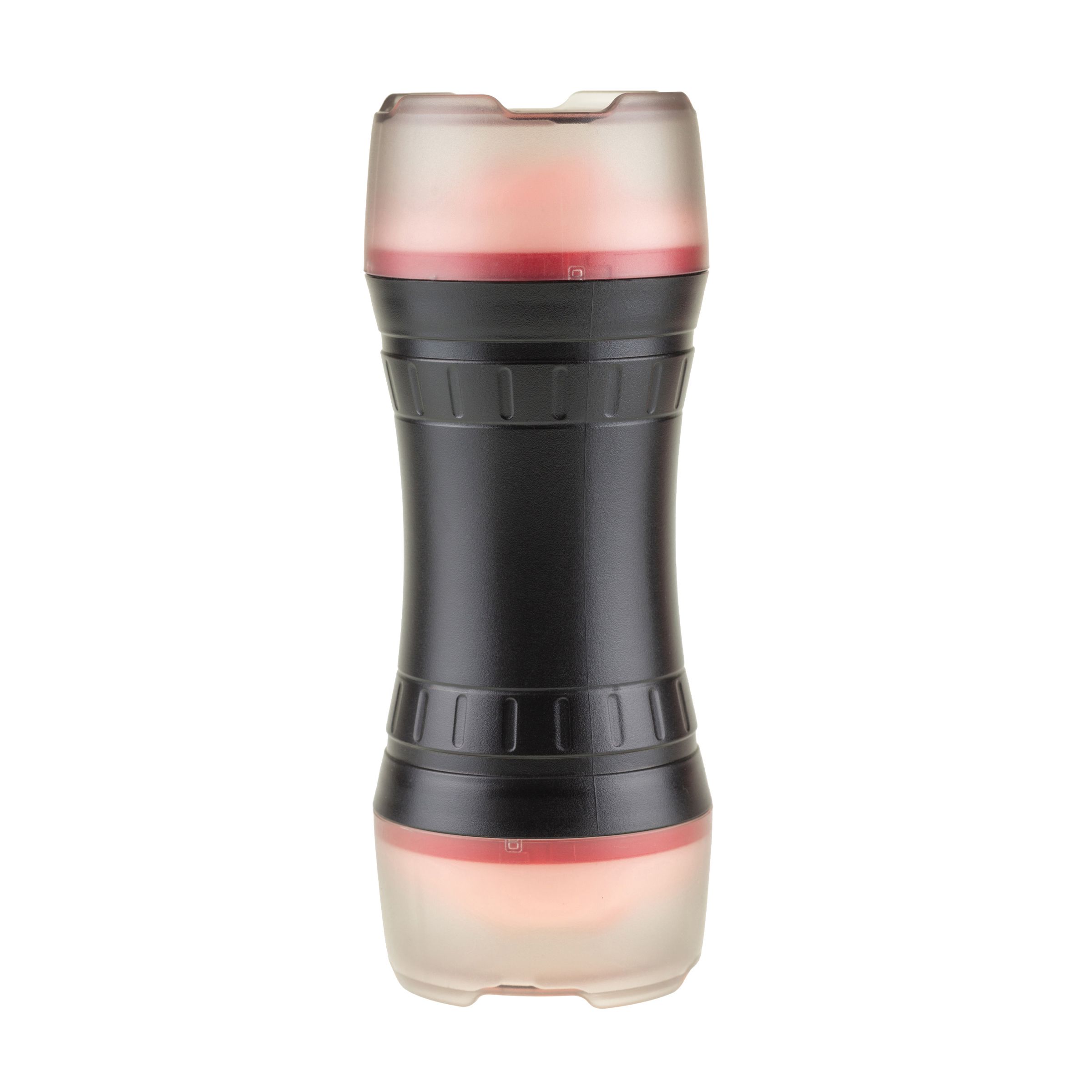 Cilindrisch product met zwart middenstuk, transparante uiteinden en rode binnenverlichting. Vorm: zandloper.