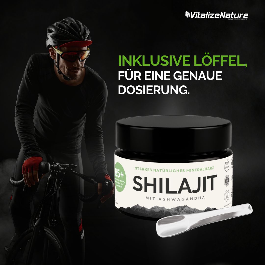 Pot de Shilajit avec Ashwagandha et cuillère. Cuillère incluse pour un dosage précis. Cycliste en arrière-plan.